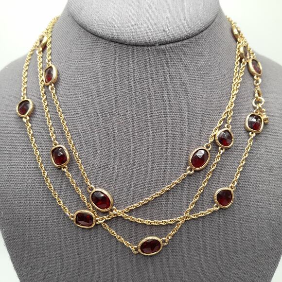 Monet Red Rhinestone Long Necklace, 54", Gold Tone Rope Chain - Picture 3 of 10
